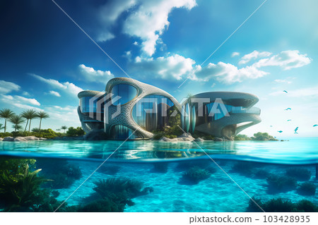 Biophilic floating city in ocean. Sustainable future and healthy planet. Architecture of future. Generative AI illustration 103428935
