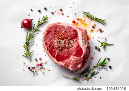 Raw beef steak with seasonings on white background. Generative AI illustration 103428936