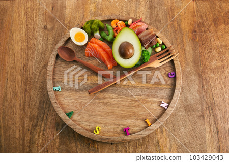 Intermittent fasting. Healthy breakfast, diet food concept. Organic meal. Fat loss concept. Intermittent fasting. Healthy breakfast, diet food concept. Organic meal. Fat loss concept. 103429043