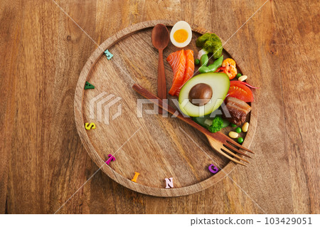 Intermittent fasting. Healthy breakfast, diet food concept. Organic meal. Fat loss concept. Intermittent fasting. Healthy breakfast, diet food concept. Organic meal. Fat loss concept. 103429051