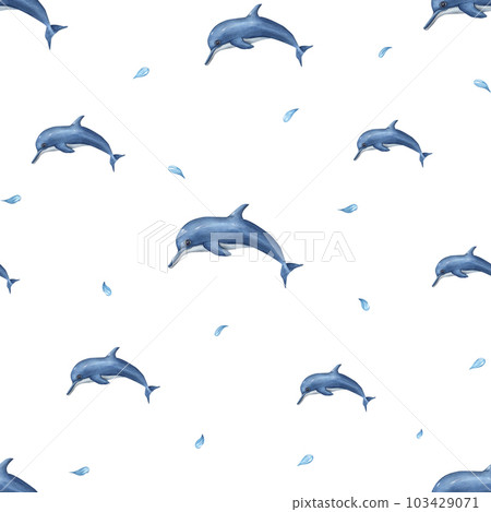 Watercolor underwater seamless pattern of swimming dolphins isolated on white background. Simple print for design, background, menus, wallpaper, fabric, textile, wrapping. Watercolor underwater seamless pattern of swimming dolphins isolated on white background. Simple print for design, background, menus, wallpaper, fabric, textile, wrapping. 103429071