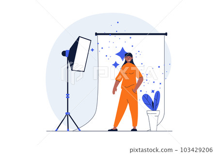 Podcast streaming web concept with character scene. Woman posing in studio, show making backstage process. People situation in flat design. Illustration for social media marketing material. 103429206