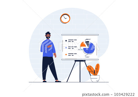 Payment web concept with character scene. Man analyzing financial data and planning transactions and paying. People situation in flat design. Illustration for social media marketing material. Payment web concept with character scene. Man analyzing financial data and planning transactions and paying. People situation in flat design. Illustration for social media marketing material. 103429222