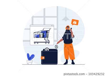 Payment web concept with character scene. Arabic muslim woman shopping and making online transactions. People situation in flat design. Illustration for social media marketing material. Payment web concept with character scene. Arabic muslim woman shopping and making online transactions. People situation in flat design. Illustration for social media marketing material. 103429232