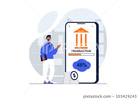 Payment web concept with character scene. Man using online banking and making transactions with credit card. People situation in flat design. Illustration for social media marketing material. 103429243