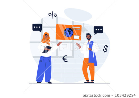 Payment web concept with character scene. Arabic muslim man and woman using online banking and credit card. People situation in flat design. Illustration for social media marketing material. 103429254