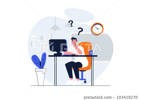 Medicine web concept with character scene. Doctor thinking, consultation and diagnostic patient at computer. People situation in flat design. Illustration for social media marketing material. 103429270