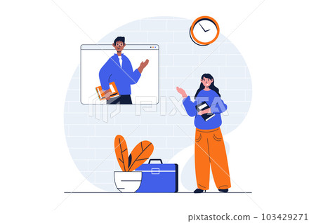 Education web concept with character scene. Student listening webinar with teacher and studying online. People situation in flat design. Illustration for social media marketing material. 103429271