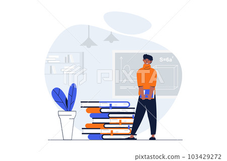 Education web concept with character scene. Student answering by blackboard in class and preparing exams. People situation in flat design. Illustration for social media marketing material. 103429272