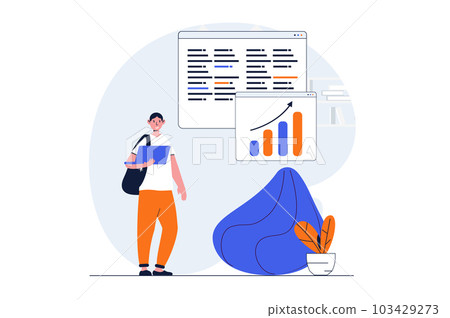 Education web concept with character scene. Teenage student making homework at laptop and studying in school. People situation in flat design. Illustration for social media marketing material. Education web concept with character scene. Teenage student making homework at laptop and studying in school. People situation in flat design. Illustration for social media marketing material. 103429273