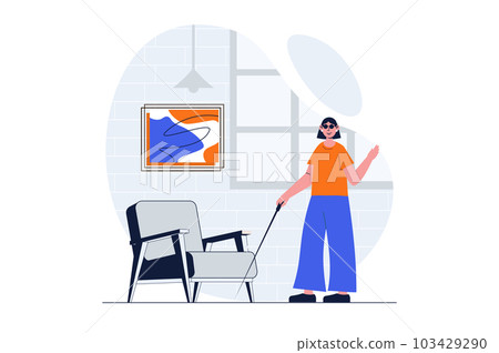 Disabilities people web concept with character scene. Blind woman in glasses and cane have active lifestyle. People situation in flat design. Illustration for social media marketing material. 103429290