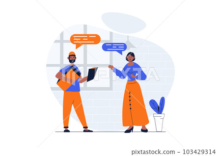 Delivery service web concept with character scene. Man delivering parcel to clients, woman paying to courier. People situation in flat design. Illustration for social media marketing material. 103429314