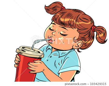 Fast food restaurant for kids and families. Takeaway water and cola. Girl drinking from a glass with a straw on a white background Fast food restaurant for kids and families. Takeaway water and cola. Girl drinking from a glass with a straw on a white background 103429315