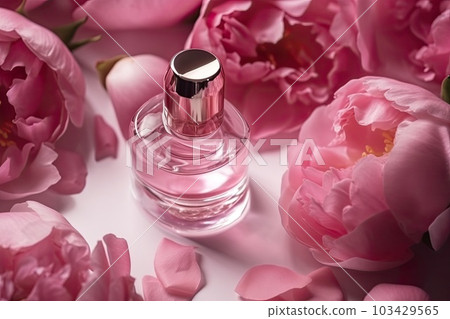 Bottle of pink luxury perfume surrounded by peonies, top view 103429565
