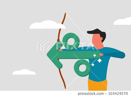 An increase in interest or interest rate. Rising inflation in the country and the federal reserves are empty. Bank economy and loans concept. A man shoots percentages from a bow. Vector illustration 103429570
