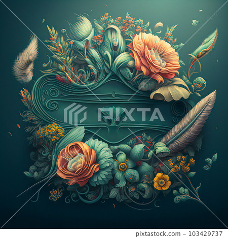 Enchanting Baroque Floral Frame with Orange Flowers on Teal Background Enchanting Baroque Floral Frame with Orange Flowers on Teal Background 103429737