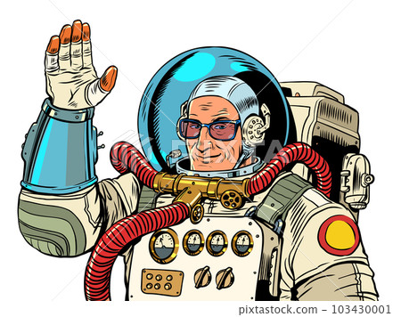 Hello from space. The astronaut in glasses smiles and waves his hand. International advertising. Pop Art Retro 103430001