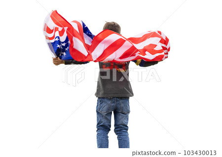 Patriotic american boy holding USA flag waving in the wind isolated on white Patriotic american boy holding USA flag waving in the wind isolated on white 103430013