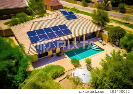 Solar panels on roof of the house renewable energy . Generative AI 103430022