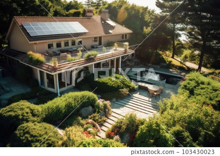 Solar panels on roof of the house renewable energy . Generative AI 103430023