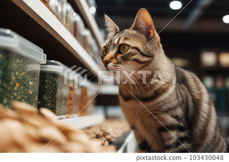 Cute cat in a pet store looking and choosing its own food. Generative AI 103430048