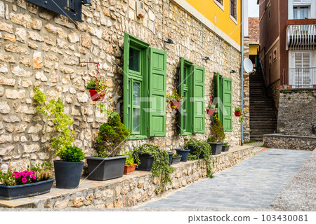 Green wooden shutters of an old cottage. protects the windows close with double doors 103430081