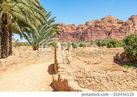 Al Ula ruined old town street with palms along the road, Saudi Arabia 103430110