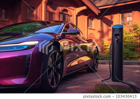Electric car at charging station near luxury house. Generative AI 103430413