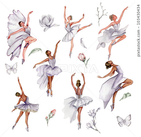 Watercolor dancing ballerina with butterfly set. Lilac dresss ballerina. Picture for poster, invitation, postcard, background and posters 103430434