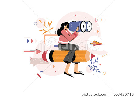 Vector illuwoman designer flies astride pencil look 103430716