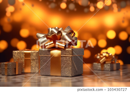 Silver gift boxes with golden bows on the background of bokeh effect. Generative AI 103430727