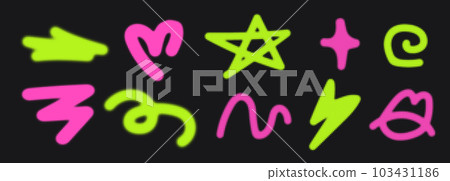 A set of graffiti figures in a negligent style. On a transparent background as png. Bright neon shapes. Circles and lines and cross and star and lips. Vector element pack. 103431186
