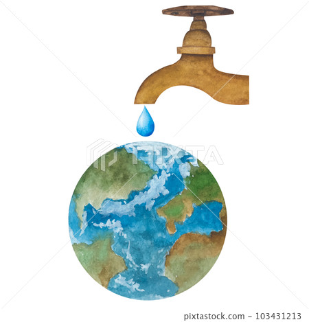 Water faucet waters the sprout. Watercolor illustration about the conservation of water resources on the theme of protection of nature, earth day, environmental protection. 103431213