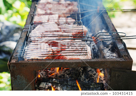 Meat steaks on a grill rack cooking over an open fire 103431415