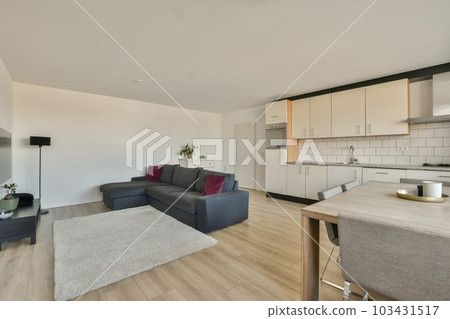 a living room with wood flooring and white cabinets in the kitchen is visible on the right side of the photo a living room with wood flooring and white cabinets in the kitchen is visible on the right side of the photo 103431517