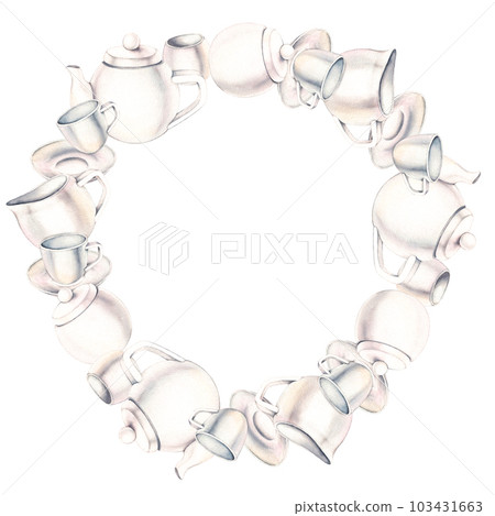 Watercolor frame of white teaware 103431663