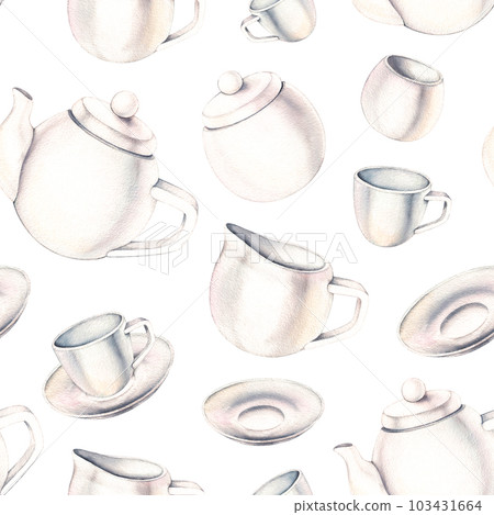 Watercolor tea set from white teaware 103431664