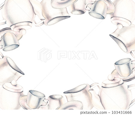 Watercolor frame of white teaware 103431666