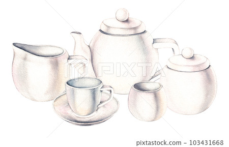 Watercolor composition of white utensils for tea 103431668