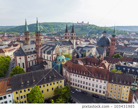 Wurzburg Historical Center Aerial Drone Photo. Old Main Bridge, Wurzburg Cathedral, Marktplatz and walking People Wurzburg Historical Center Aerial Drone Photo. Old Main Bridge, Wurzburg Cathedral, Marktplatz and walking People 103431985