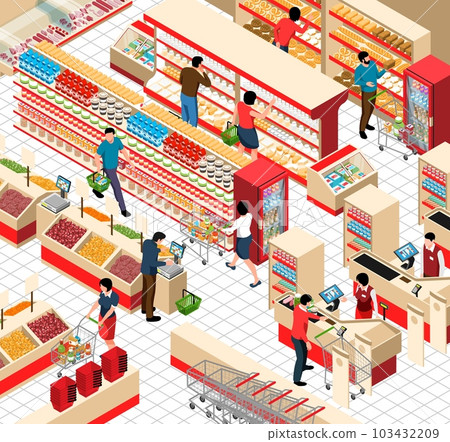 Supermarket Trading Hall Isometric Illustration Supermarket Trading Hall Isometric Illustration 103432209