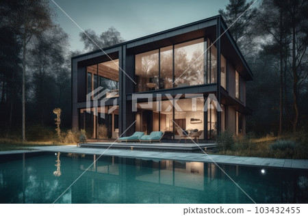 Design house - modern villa with open plan living and private bedroom wing. Large terrace with privacy and, swimming pool. Generative AI. 103432455