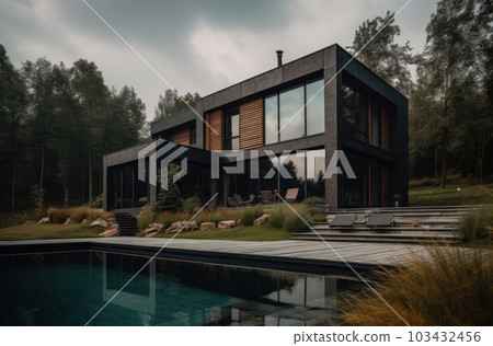Design house - modern villa with open plan living and private bedroom wing. Large terrace with privacy and, swimming pool. Generative AI. 103432456