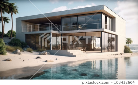 Design house - modern villa with open plan living and private bedroom wing. Large terrace with privacy and, swimming pool. Generative AI. 103432604