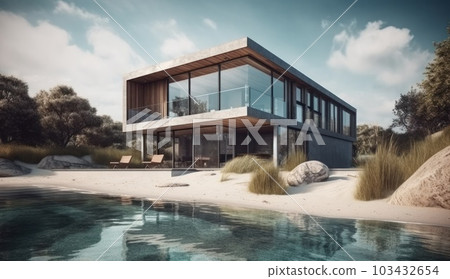 Design house - modern villa with open plan living and private bedroom wing. Large terrace with privacy and, swimming pool. Generative AI. Design house - modern villa with open plan living and private bedroom wing. Large terrace with privacy and, swimming pool. Generative AI. 103432654