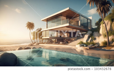 Design house - modern villa with open plan living and private bedroom wing. Large terrace with privacy and, swimming pool. Generative AI. 103432678