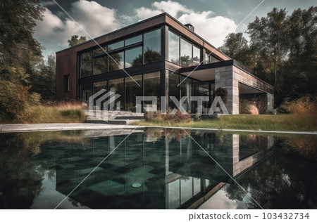 Design house - modern villa with open plan living and private bedroom wing. Large terrace with privacy and, swimming pool. Generative AI. 103432734