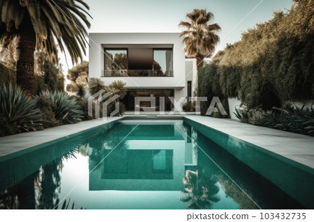 Design house - modern villa with open plan living and private bedroom wing. Large terrace with privacy and, swimming pool. Generative AI. 103432735