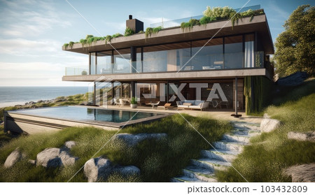 Design house - modern villa with open plan living and private bedroom wing. Large terrace with privacy and, swimming pool. Generative AI. Design house - modern villa with open plan living and private bedroom wing. Large terrace with privacy and, swimming pool. Generative AI. 103432809