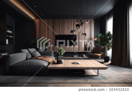 Modern interior design for home, office, interior details, upholstered furniture against the background of a dark classic wall 103432810